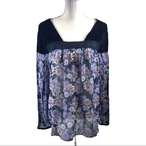 Sundance Blue Velvet Silk Floral Blouse Size S - Picture 1 of 7